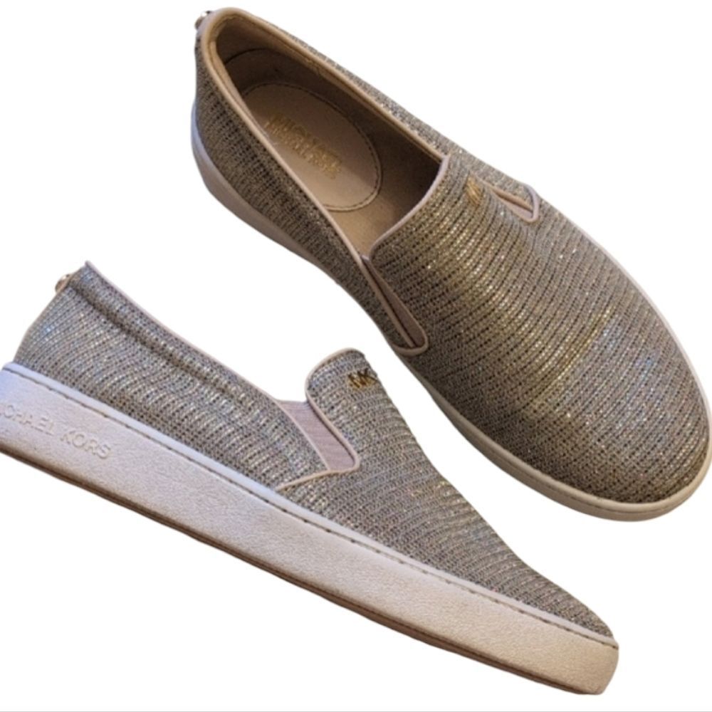 MICHAEL Michael Kors Keaton SlipOn Sneakers Silver Glitter Cream Gold Detail 7.5